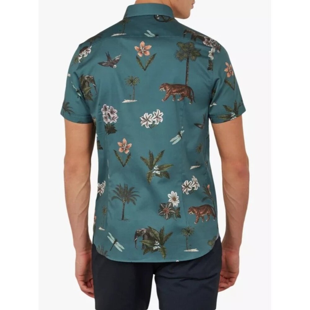 Ted Baker Shirt Men's 7 Animal Print Collage Tiger Monkey Button-Up Short Sleeve